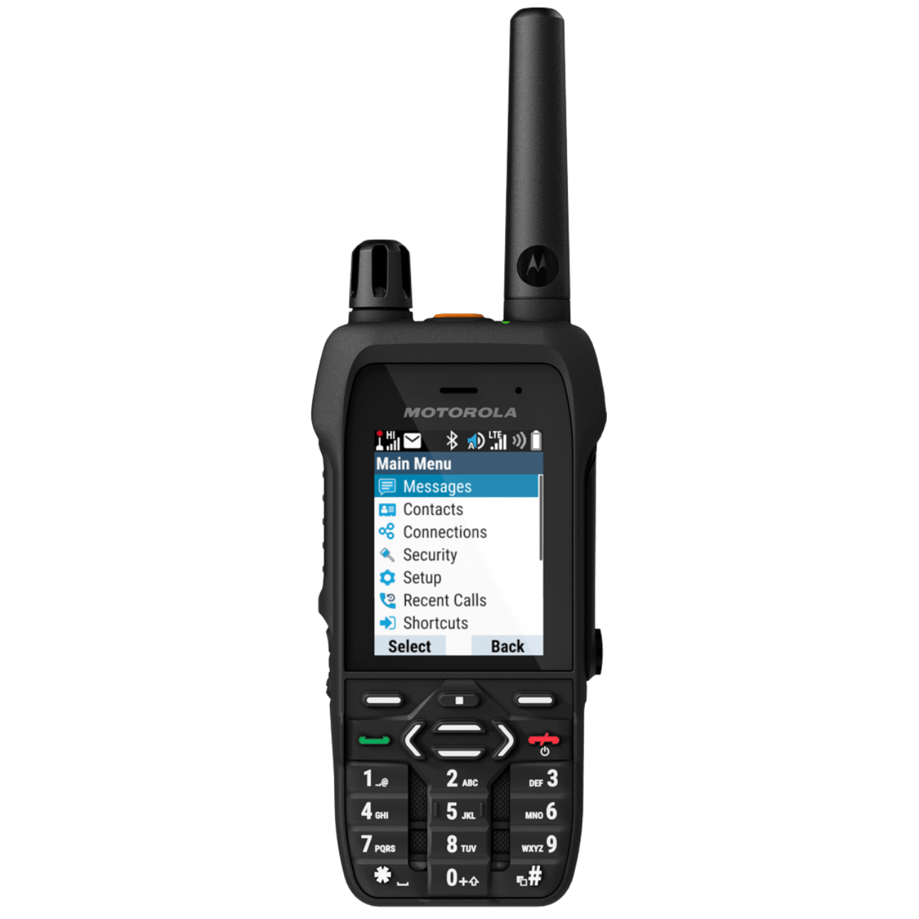 Rugged Motorola handheld with large antenna showing a 'Main Menu' screen including Messages, Contacts, Connections, Security, Setup, Recent Calls, Shortcuts