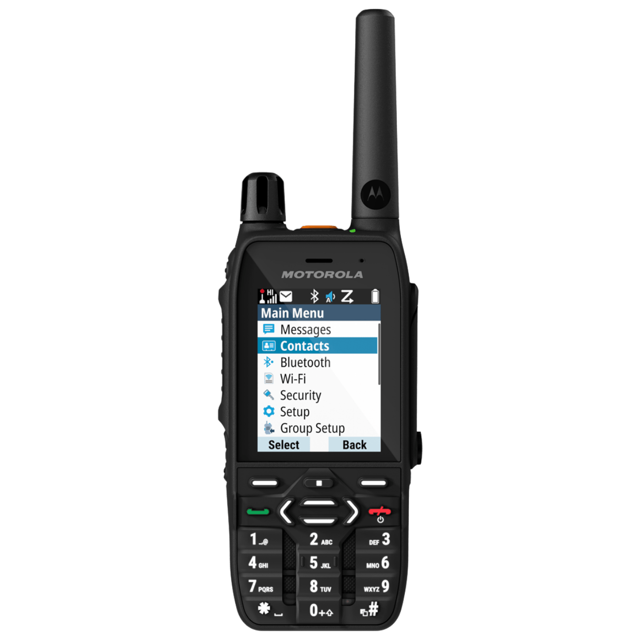 Rugged Motorola handheld device with antenna, displaying a Main Menu on its small screen (Messages, Contacts, Bluetooth, Wi‑Fi).