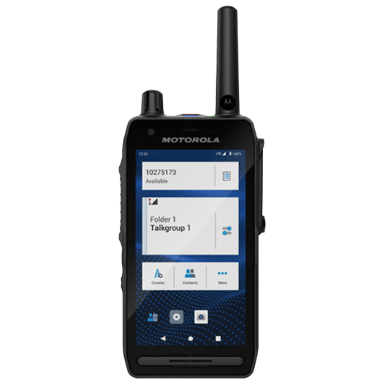 Rugged Motorola handheld radio with long antenna and touchscreen displaying folders and talkgroup icons on a blue patterned background