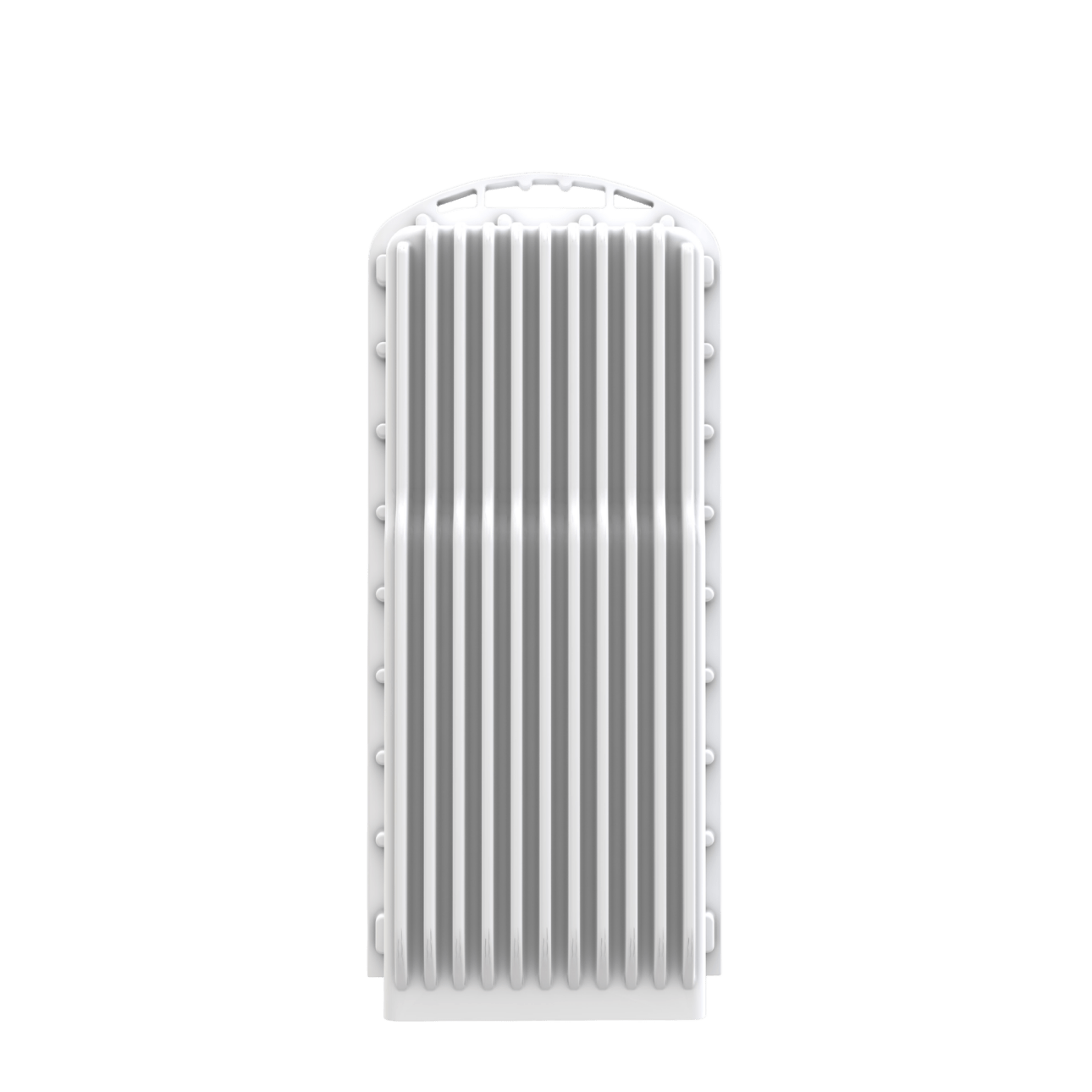 White vertical radiator with multiple narrow fins and rounded top against a green background