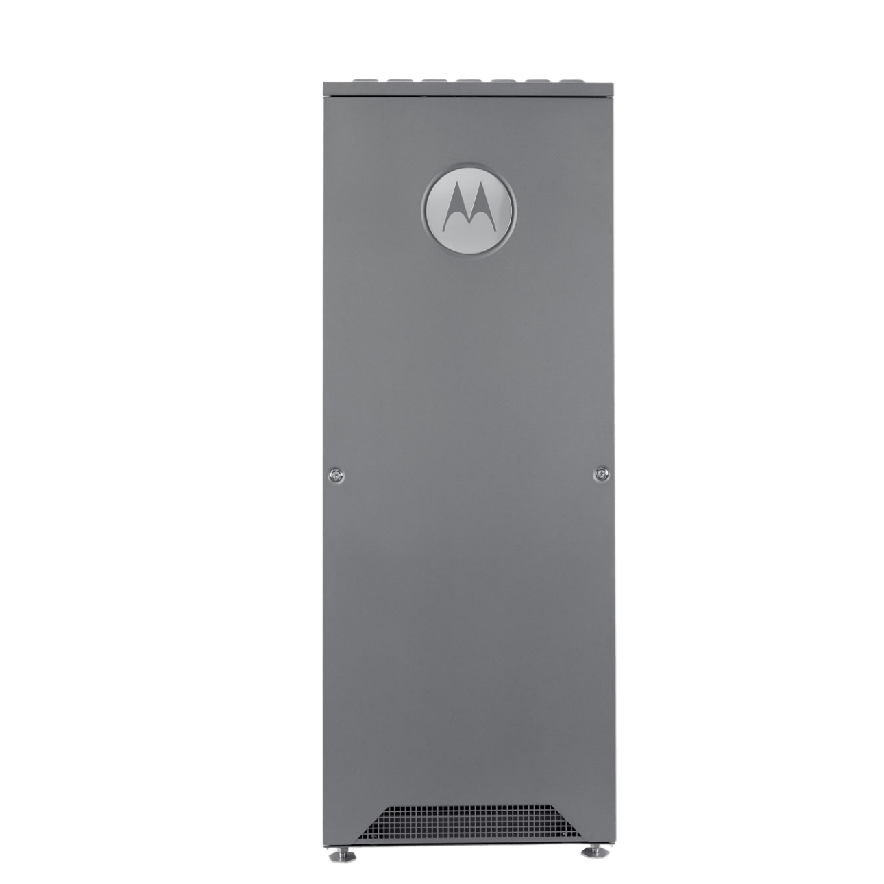 Tall gray metal equipment cabinet with a circular Motorola logo on the front door, standing on small feet