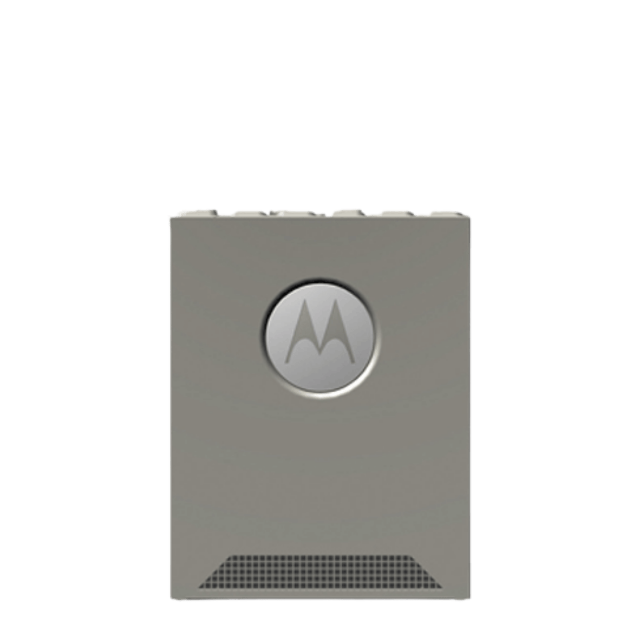 Gray rectangular electronic device with a circular Motorola logo button on the front and a vent grille at the bottom edge.