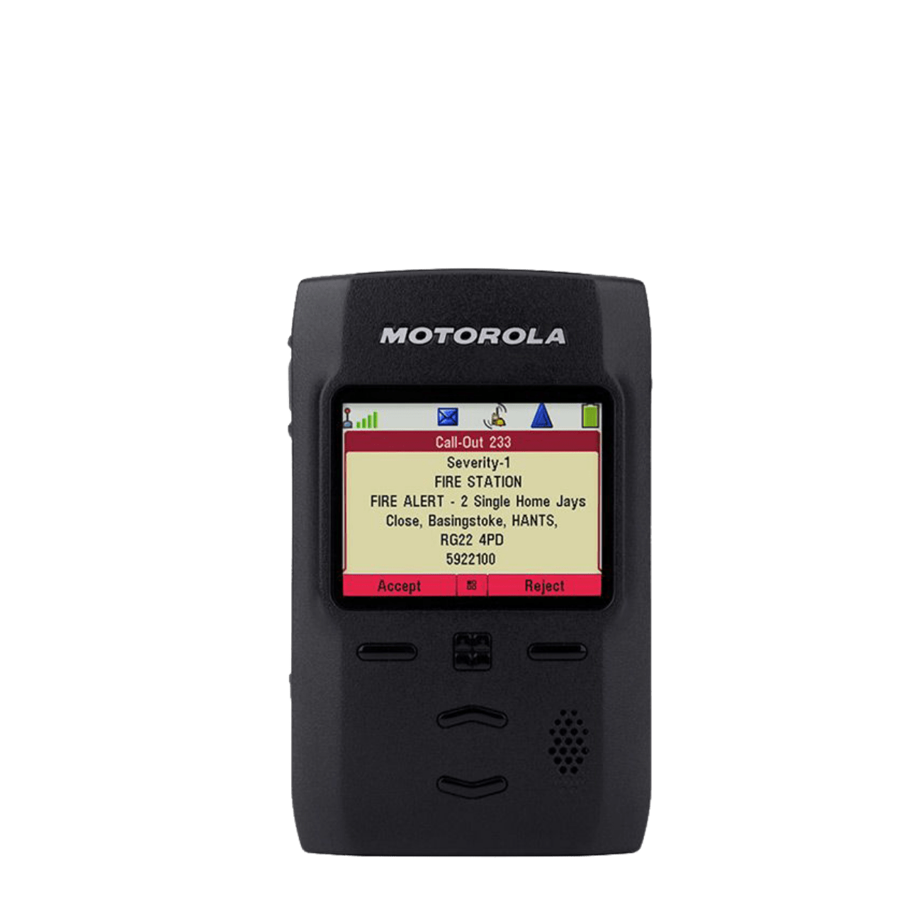 Black Motorola pager with a colored screen showing a fire-alert message.