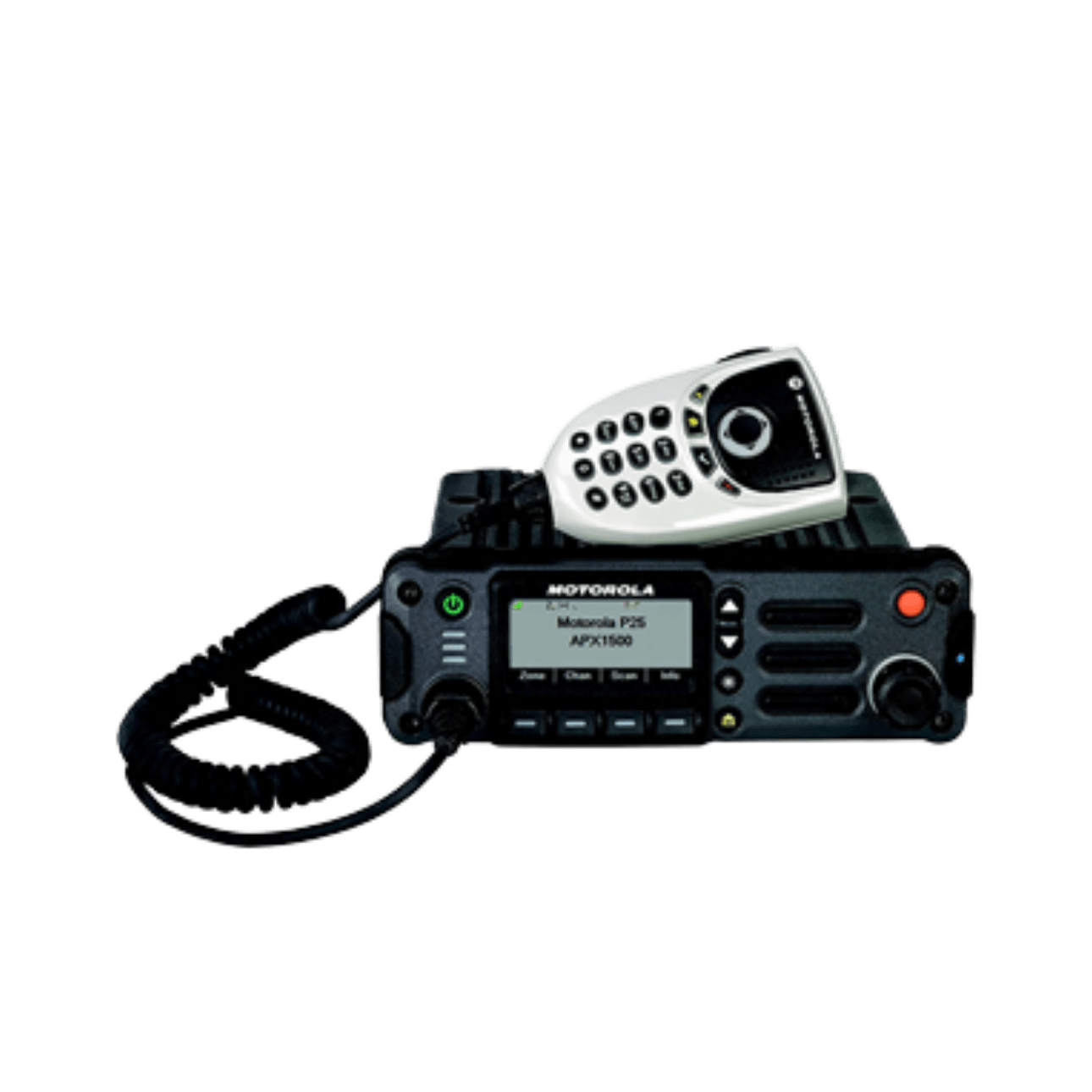 Motorola two-way radio base unit with a connected handheld microphone resting on top