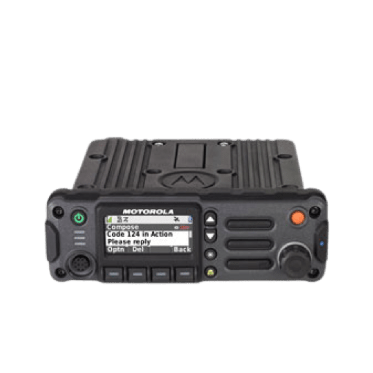 Rugged Motorola handheld radio with a small color display showing text messages on the screen of the front panel.