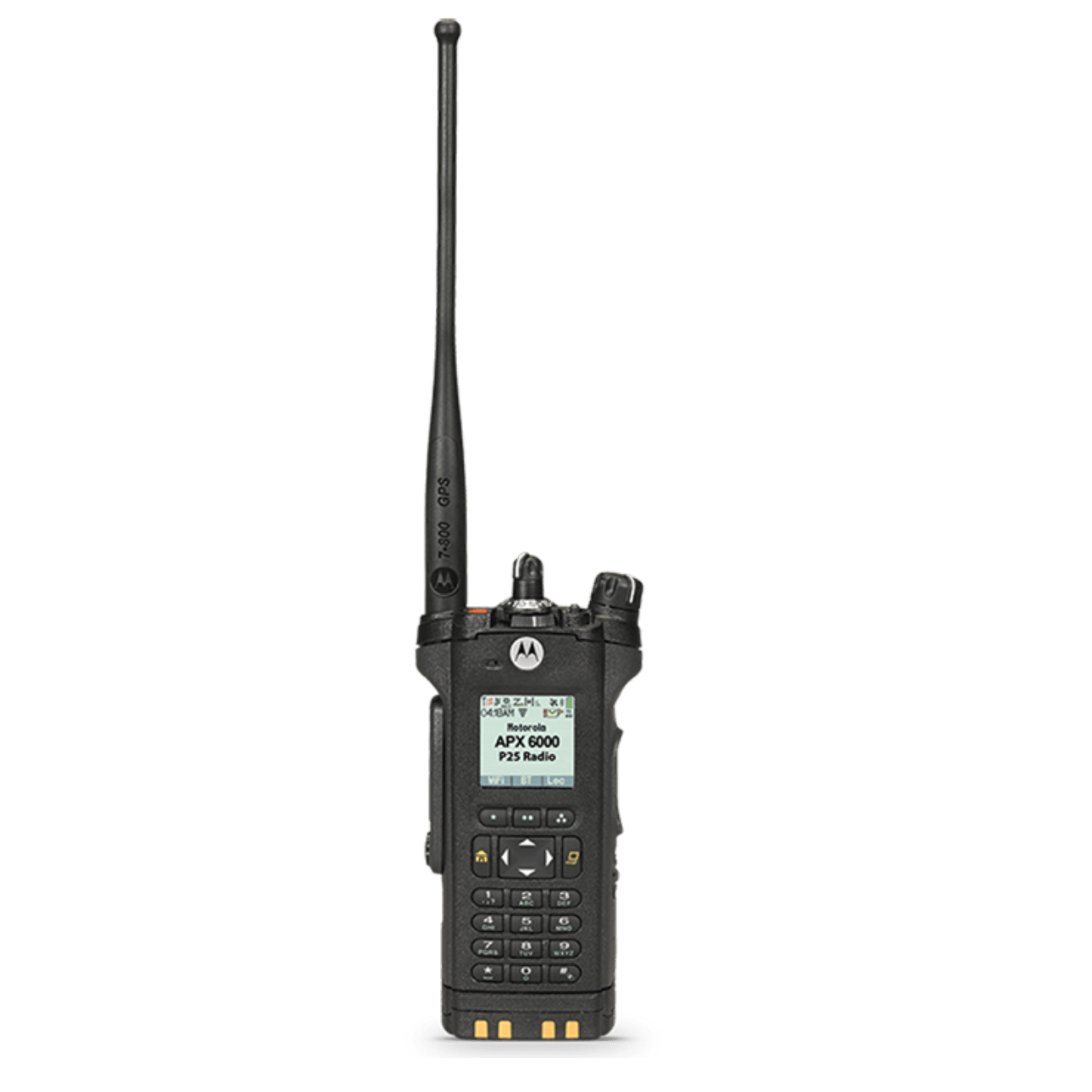 Motorola APX 6000 handheld P25 radio with long antenna and keypad display