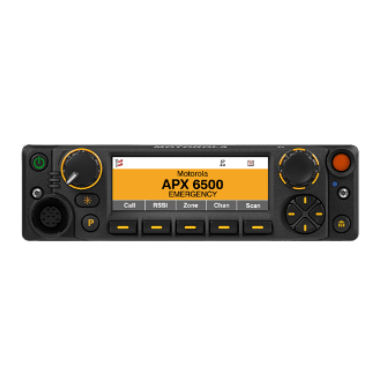 Handheld emergency radio with orange screen reading APX 6500 EMERGENCY and multiple controls