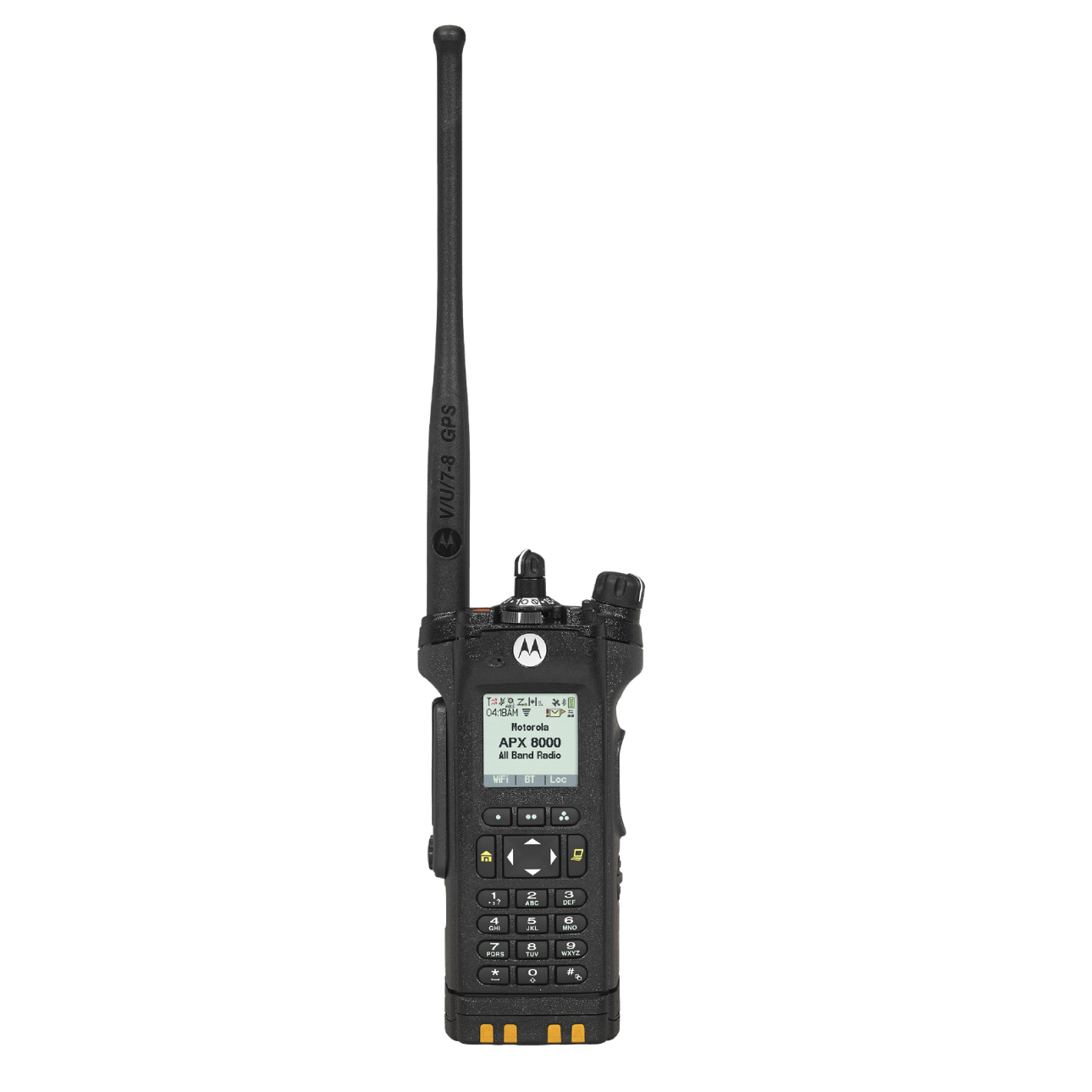 Motorola APX 8000 all-band handheld two-way radio with long antenna and keypad