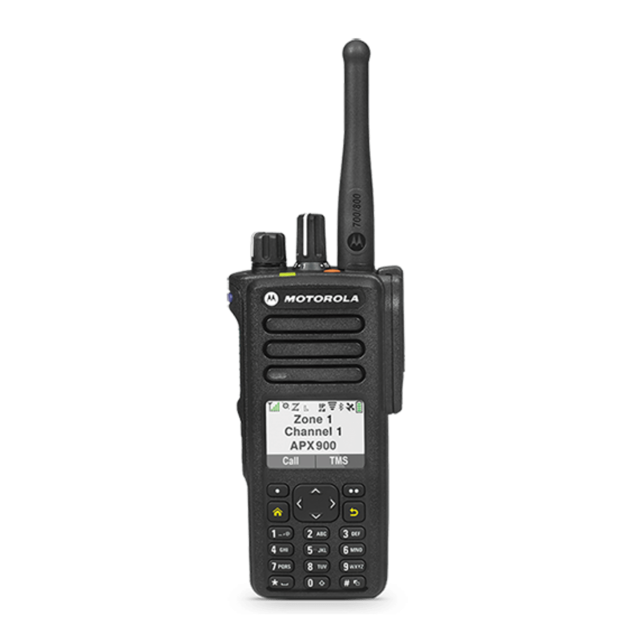 Motorola APX900 handheld two-way radio with a long antenna and numeric keypad