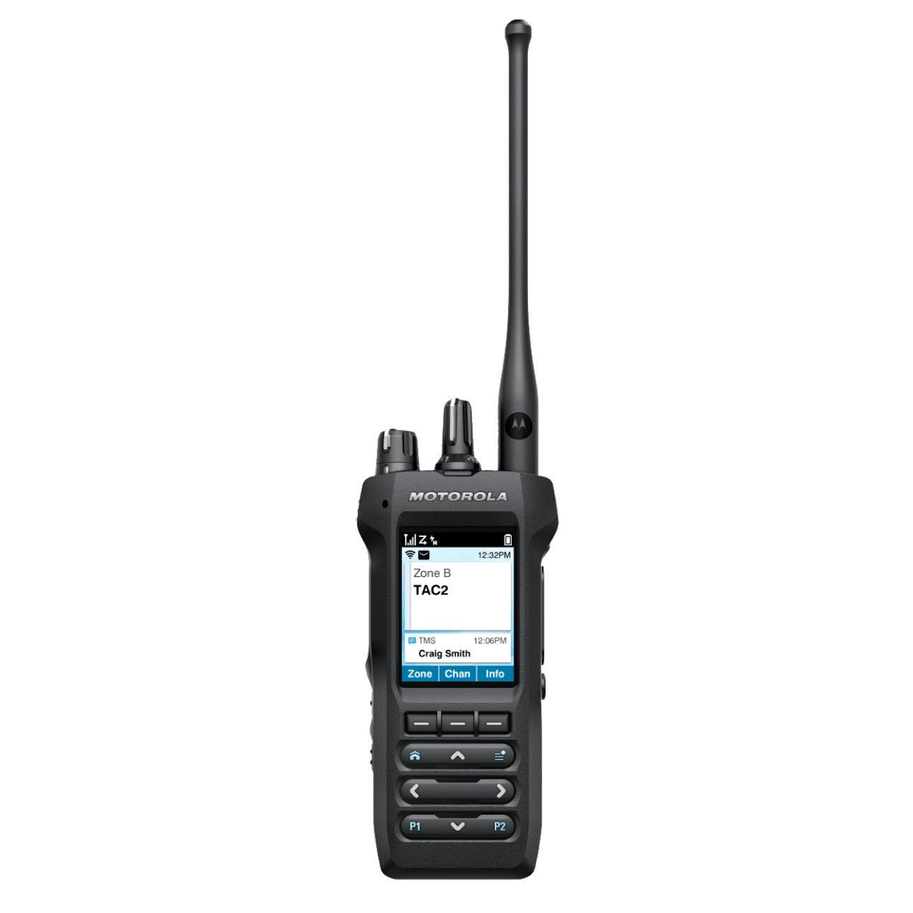 Motorola two-way radio with an extended antenna and display showing Zone B and TAC2 settings