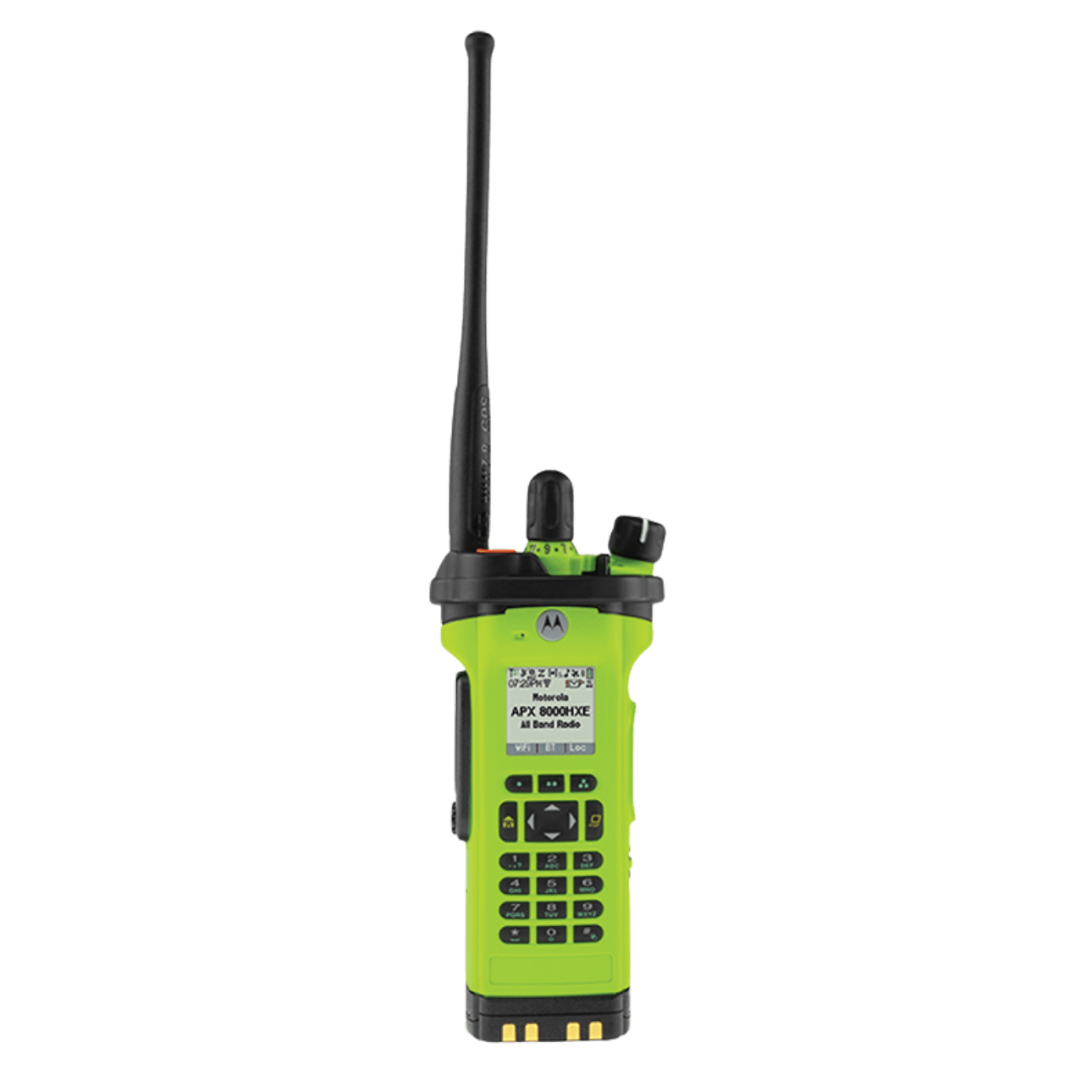 Bright green Motorola APX 6000 series handheld two-way radio with long black antenna and alphanumeric keypad on the front.