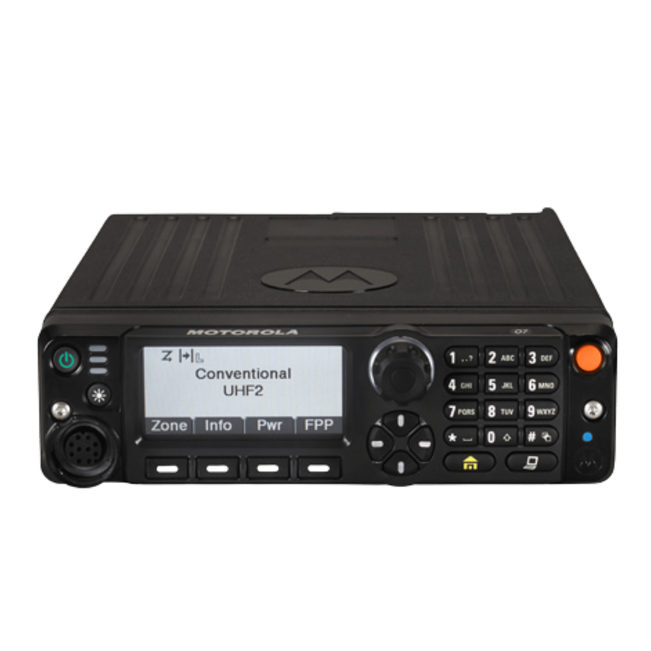 Motorola handheld two-way radio with a numeric keypad, circular control, and color display reading 'Conventional UHF2'.