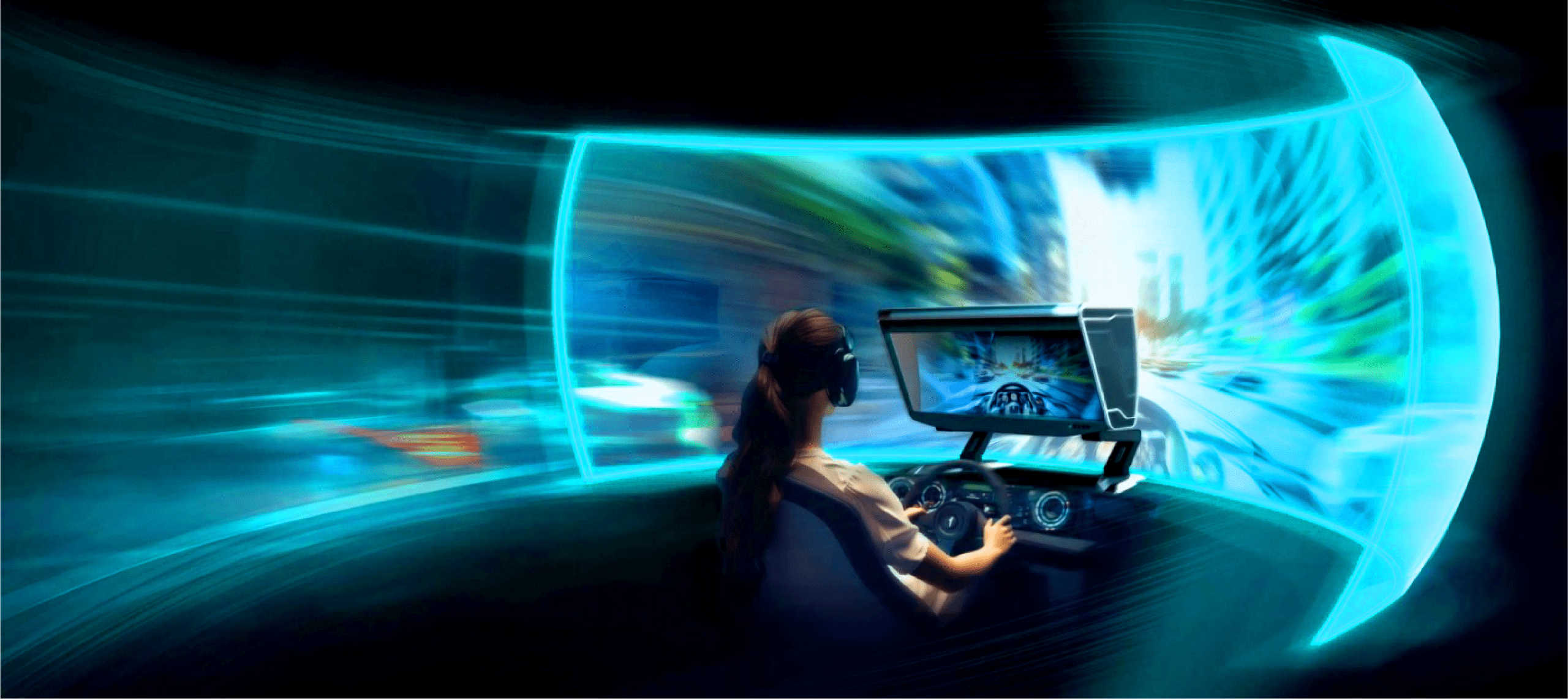 Person wearing a VR headset sits at a race-car simulator steering wheel, facing a large curved screen in a neon blue setup