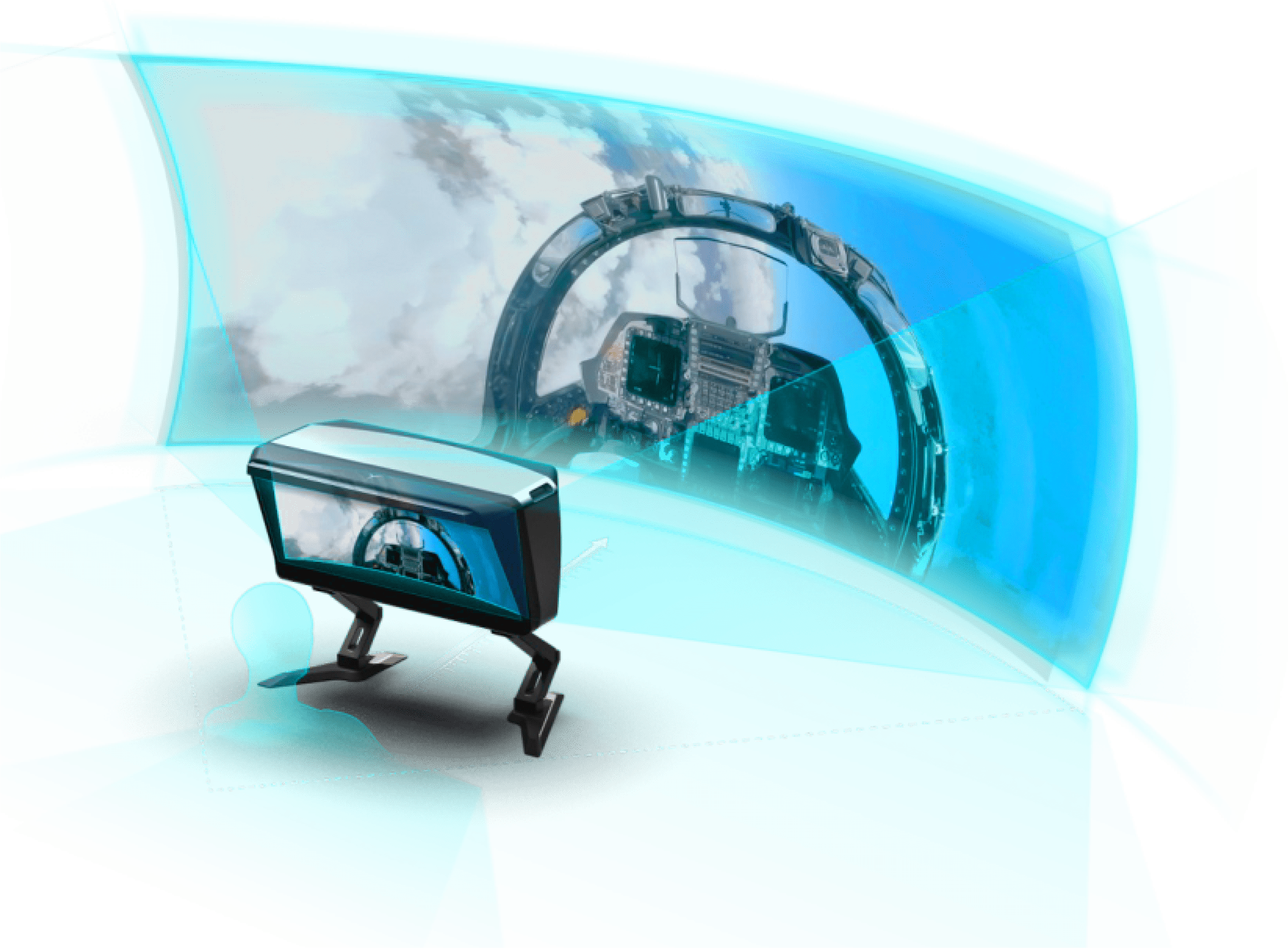 Close-up view of a fighter jet cockpit with a curved canopy and visible avionics inside the cockpit, sky reflected in the glass base image