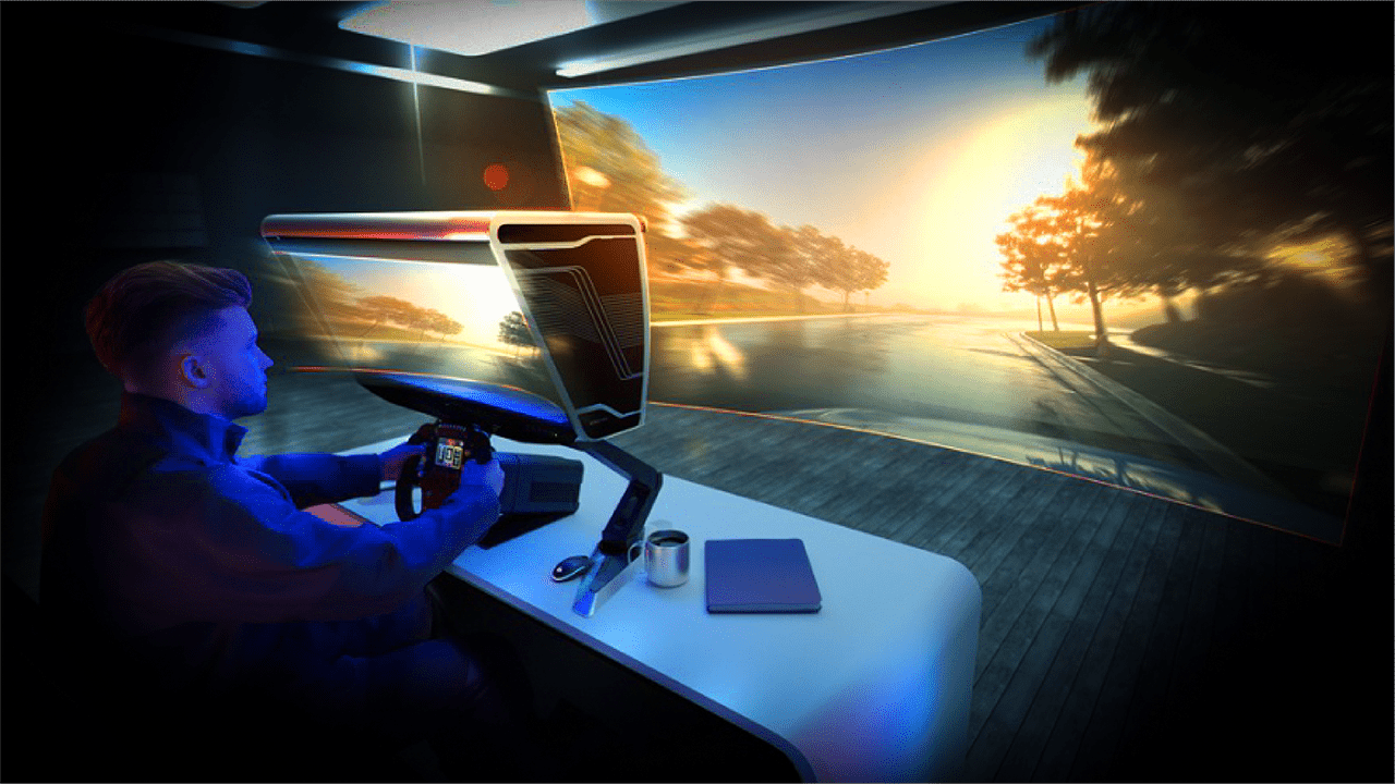 Person seated in a high-tech driving simulator, steering a wheel as a large curved screen shows a sunny road scene ahead