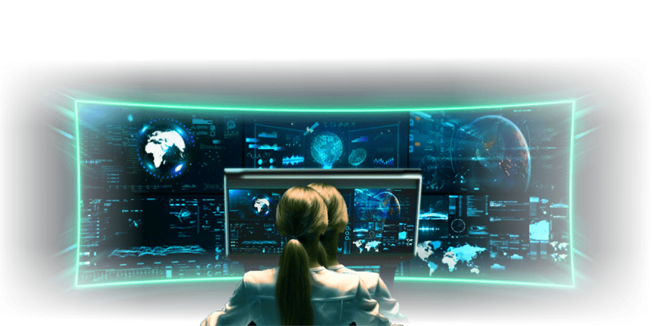 Two analysts in white coats sit at a desk, facing glowing screens displaying global maps and data in a dark neon control room.] (Note: Ensure only one alt text is used in actual implementation)