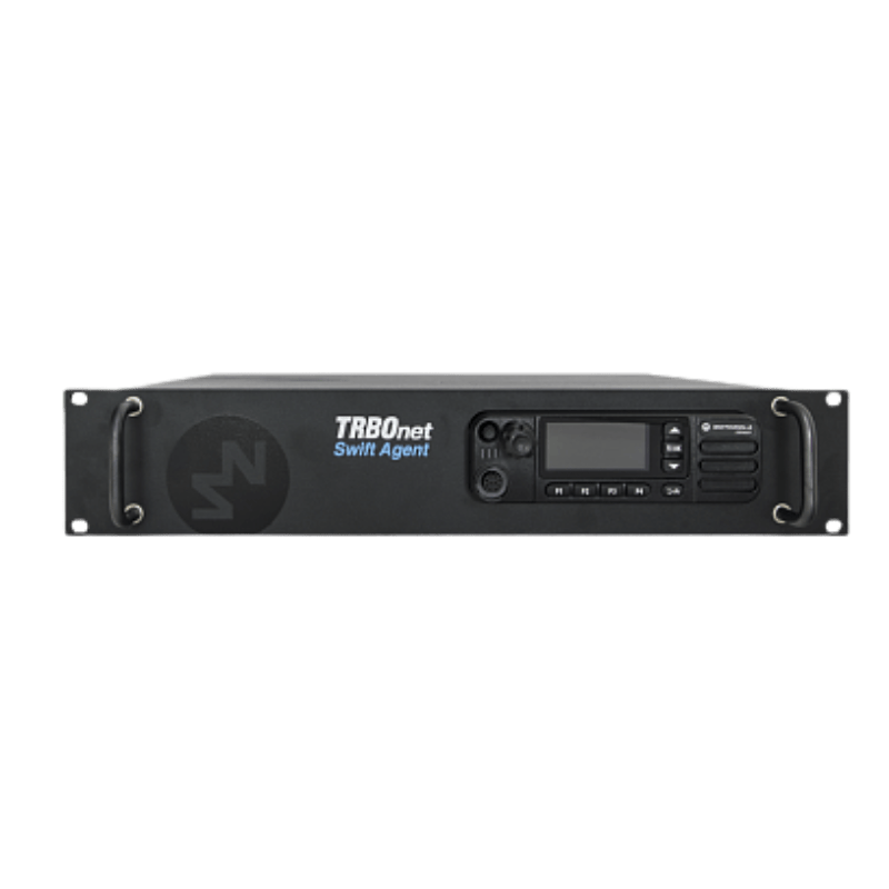Rack-mount network appliance labeled TRBnet Swift Agent with a small display and keypad on the right side, used for control/monitoring.
