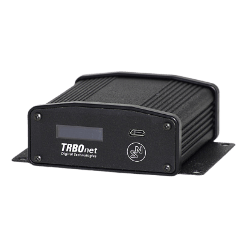 TRBOnet digital technologies gateway device in a black metal enclosure with a small display and USB-C port.