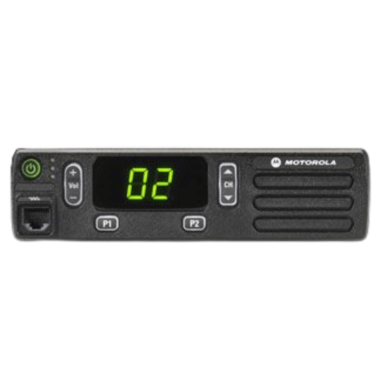Motorola two-way radio front panel with a green digital display showing 02 and labeled P1 and P2 buttons, plus control pads on the left and right.