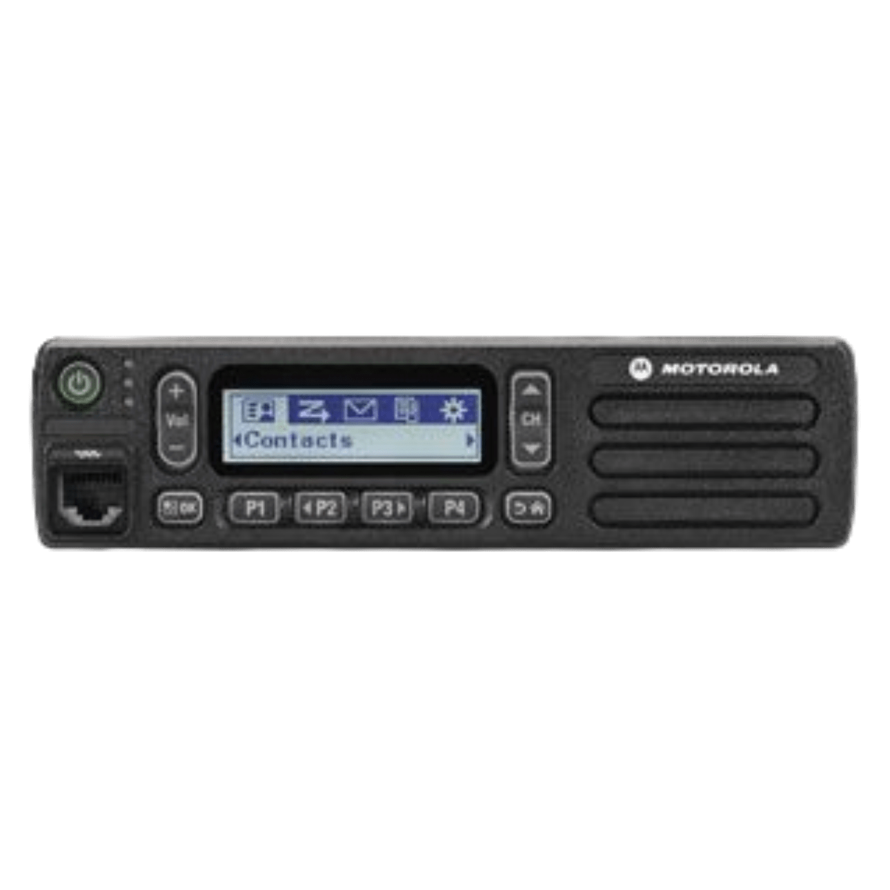 Motorola two-way radio front panel with LCD display, keypad, and channel buttons