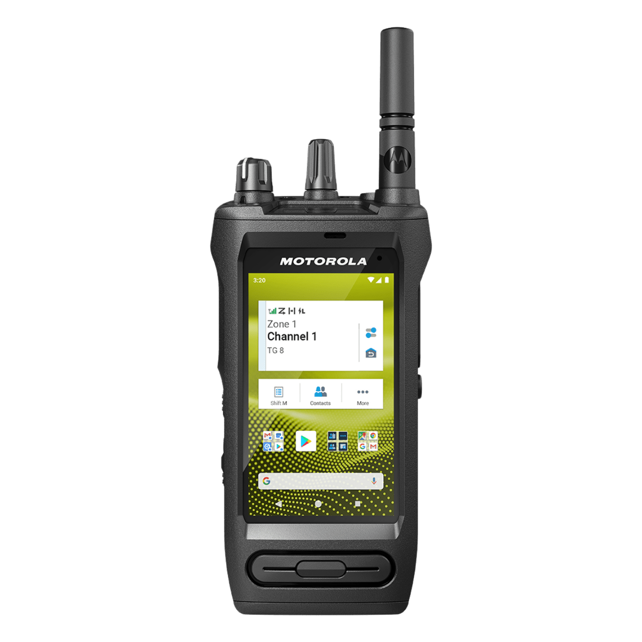 Rugged Motorola handheld device with antenna, showing home screen and app icons on a bright display