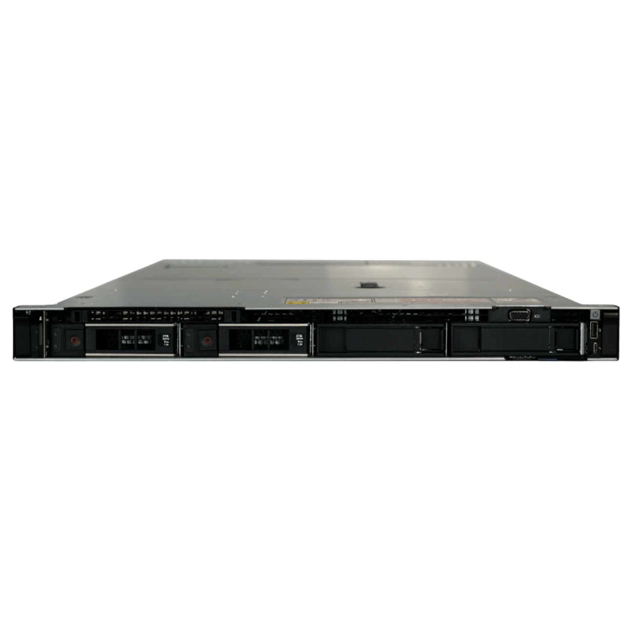 Front view of a 2U rack server chassis with multiple hot-swappable drive bays and visible front panel ports.
