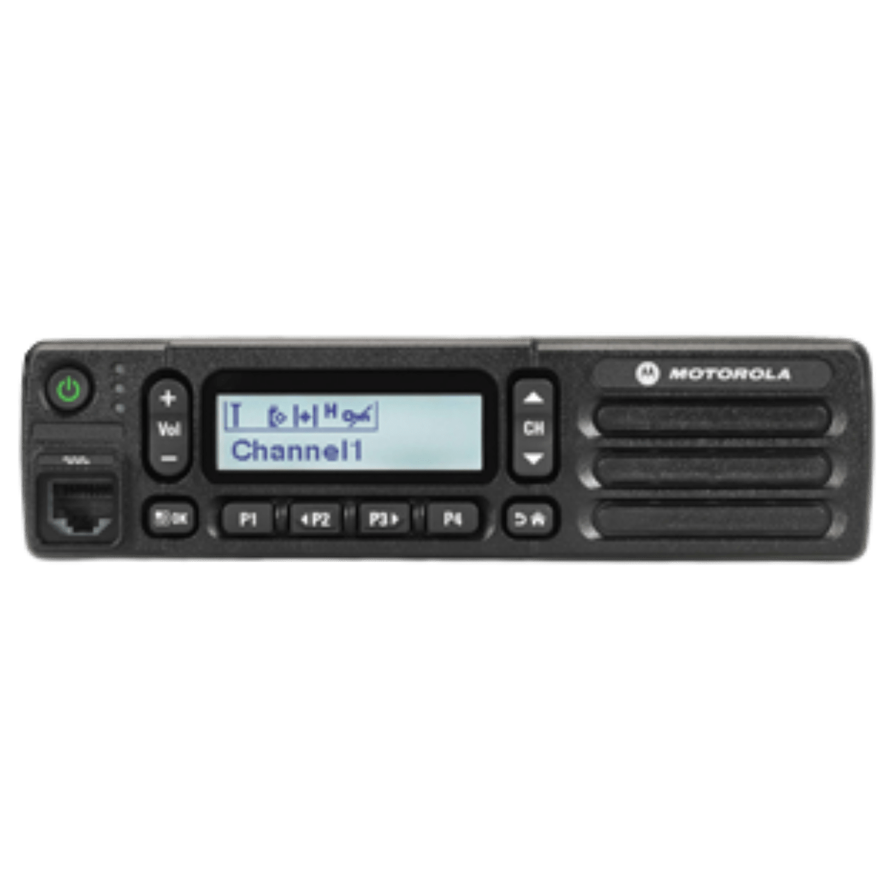 Motorola two‑way radio transceiver with a small display showing Channel 1 and function keys below it