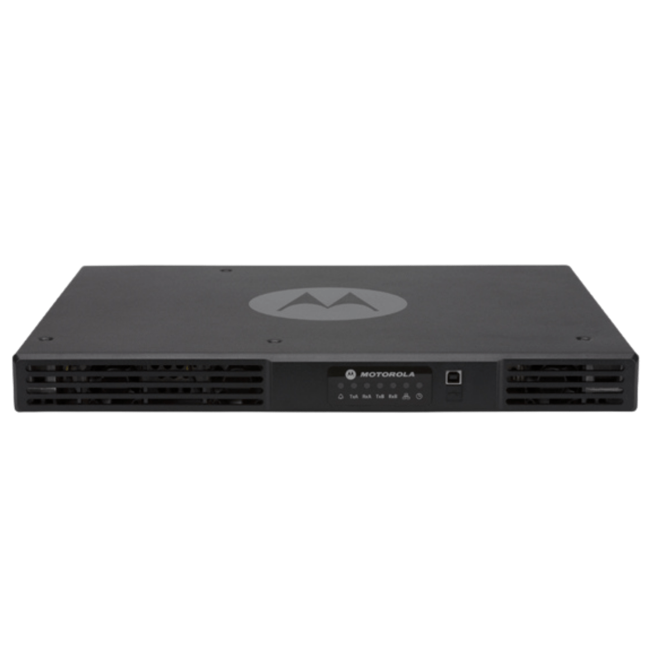 Front view of a black Motorola rack-mounted server with ventilation grills on both sides and a central management panel with LEDs and ports at the center.