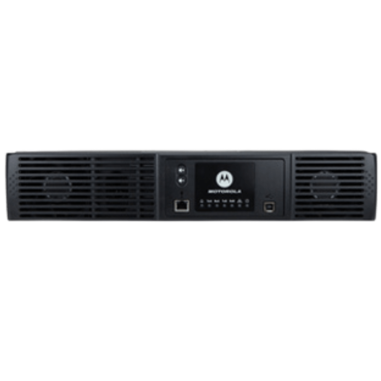 Front view of a black rack-mount server with large side vents and a central display showing the Motorola logo.