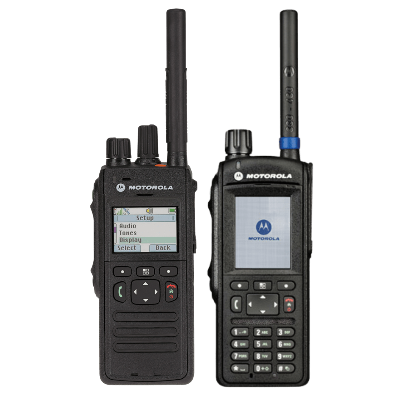 Two Motorola handheld two-way radios with antennas and small screens