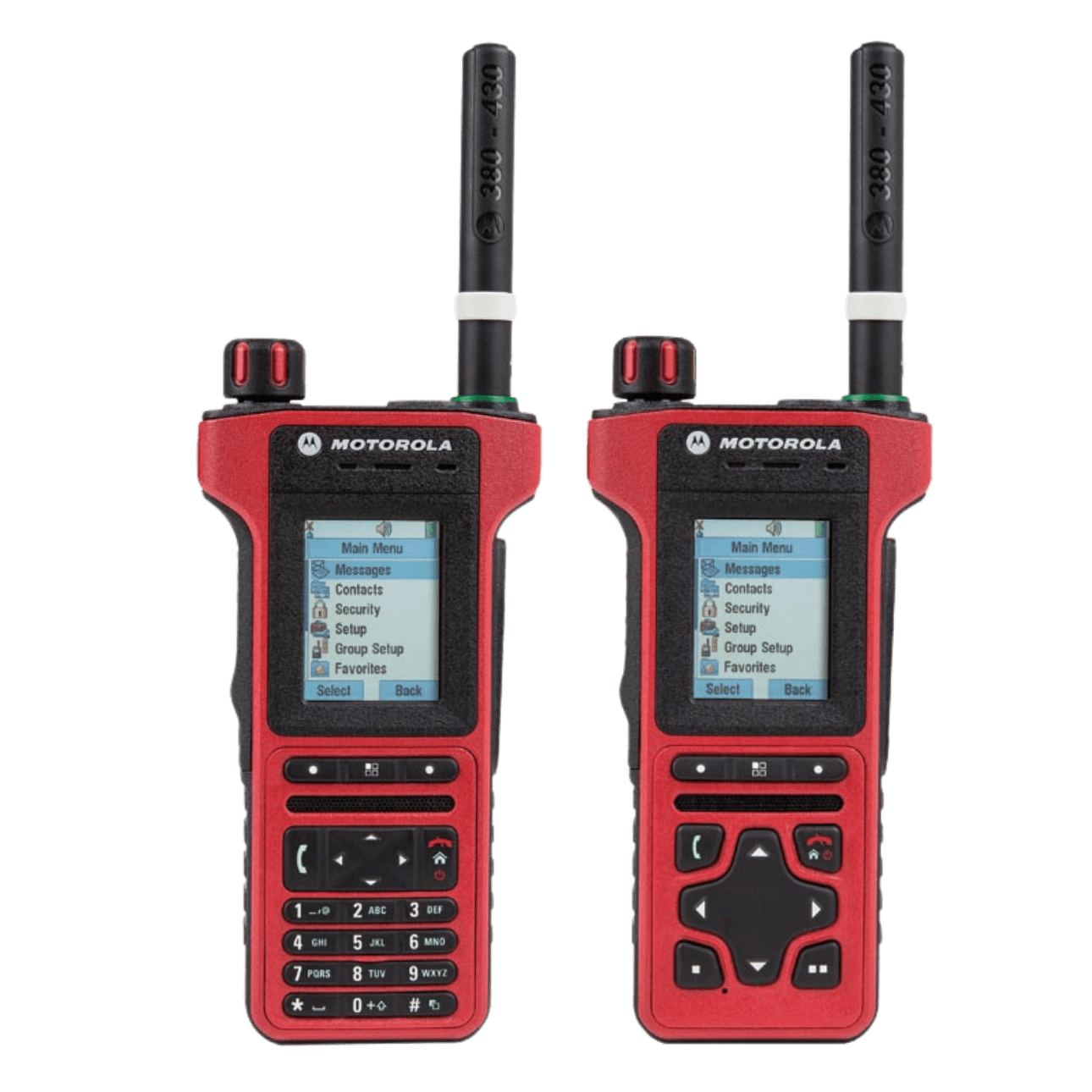 Two red Motorola handheld radios with extending antennas placed side by side, each showing a small screen and keypad. Used for two-way communication.