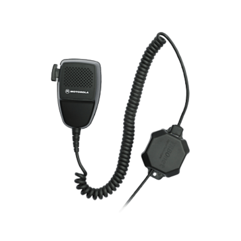 Black radio microphone with a coiled cord and magnetic clip attachment on the right side.