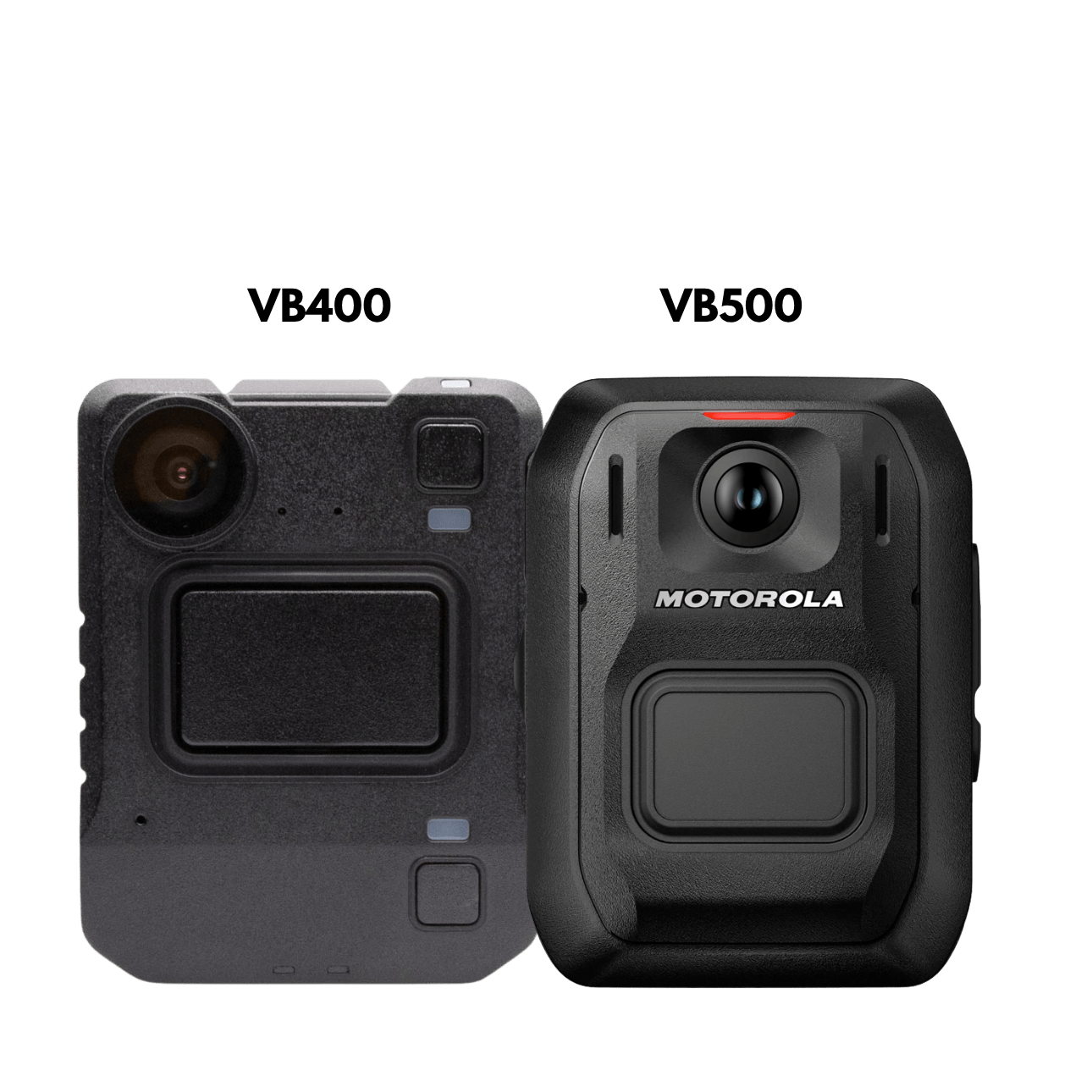 Two rugged action cameras side by side, a rear-view unit on the left and a front-facing unit with a Motorola logo on the right (red status light visible).