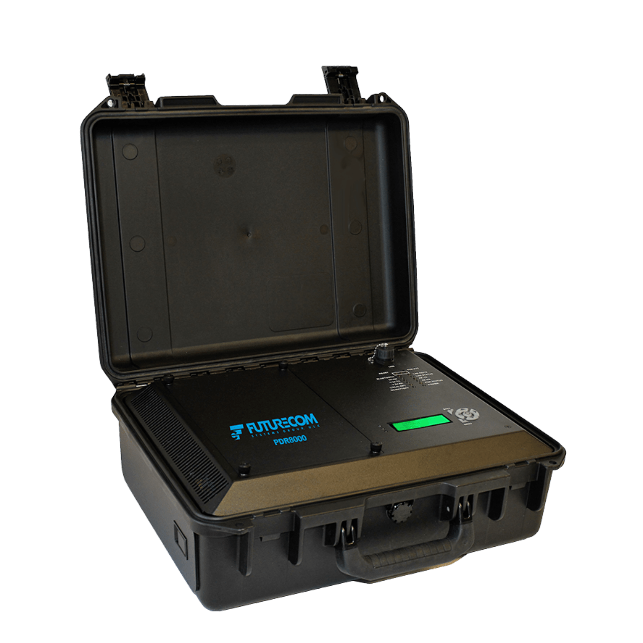 Open hard-shell case containing a black electronic device with a blue FutureCom logo and green status light (PDR8000).