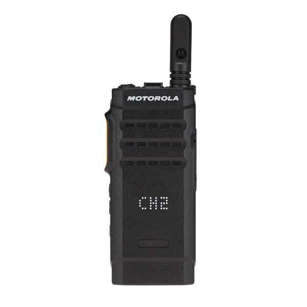 Black Motorola two-way radio with antenna and CH2 on the display