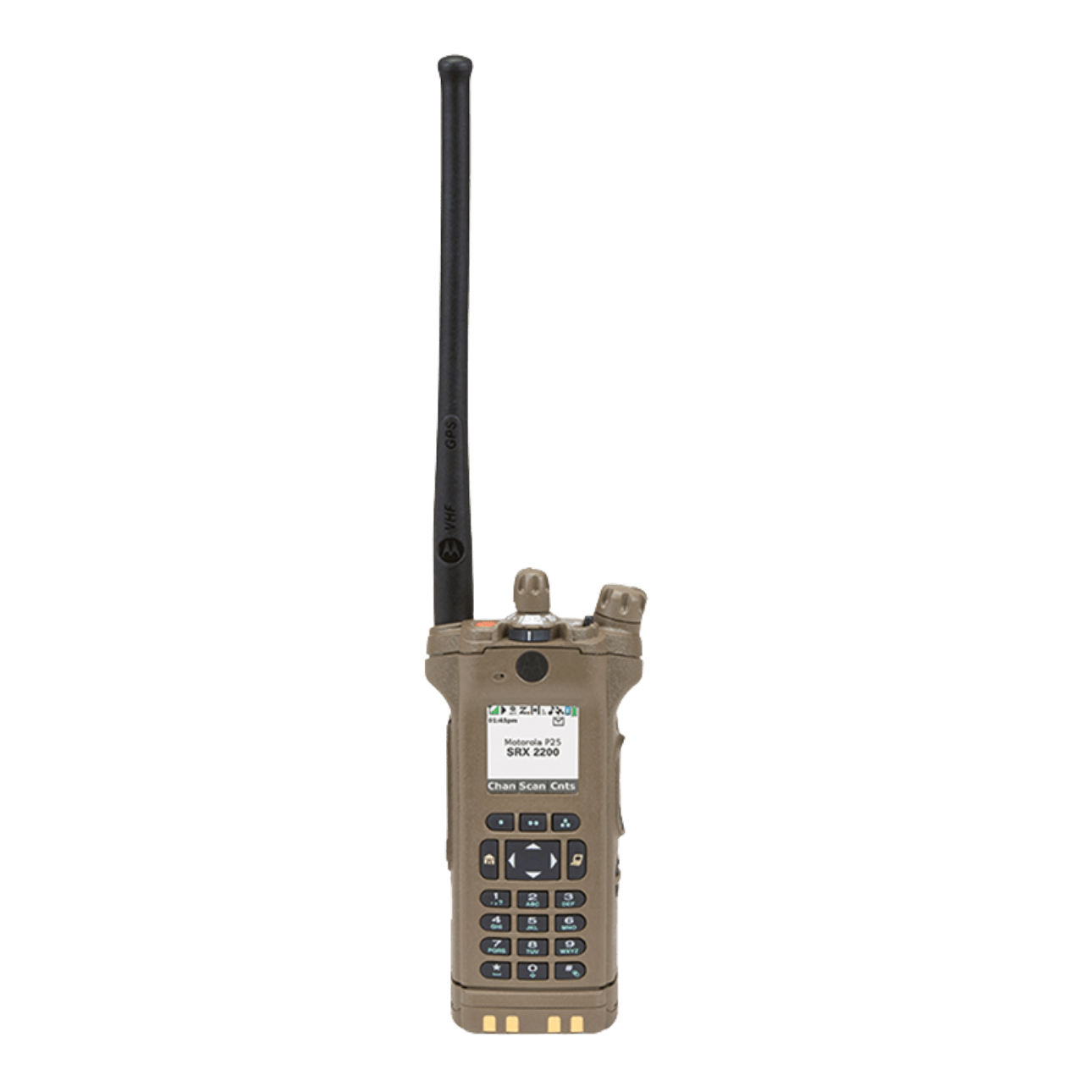 Two-way handheld radio with a long black antenna and a beige body, featuring a keypad and small display on the front.