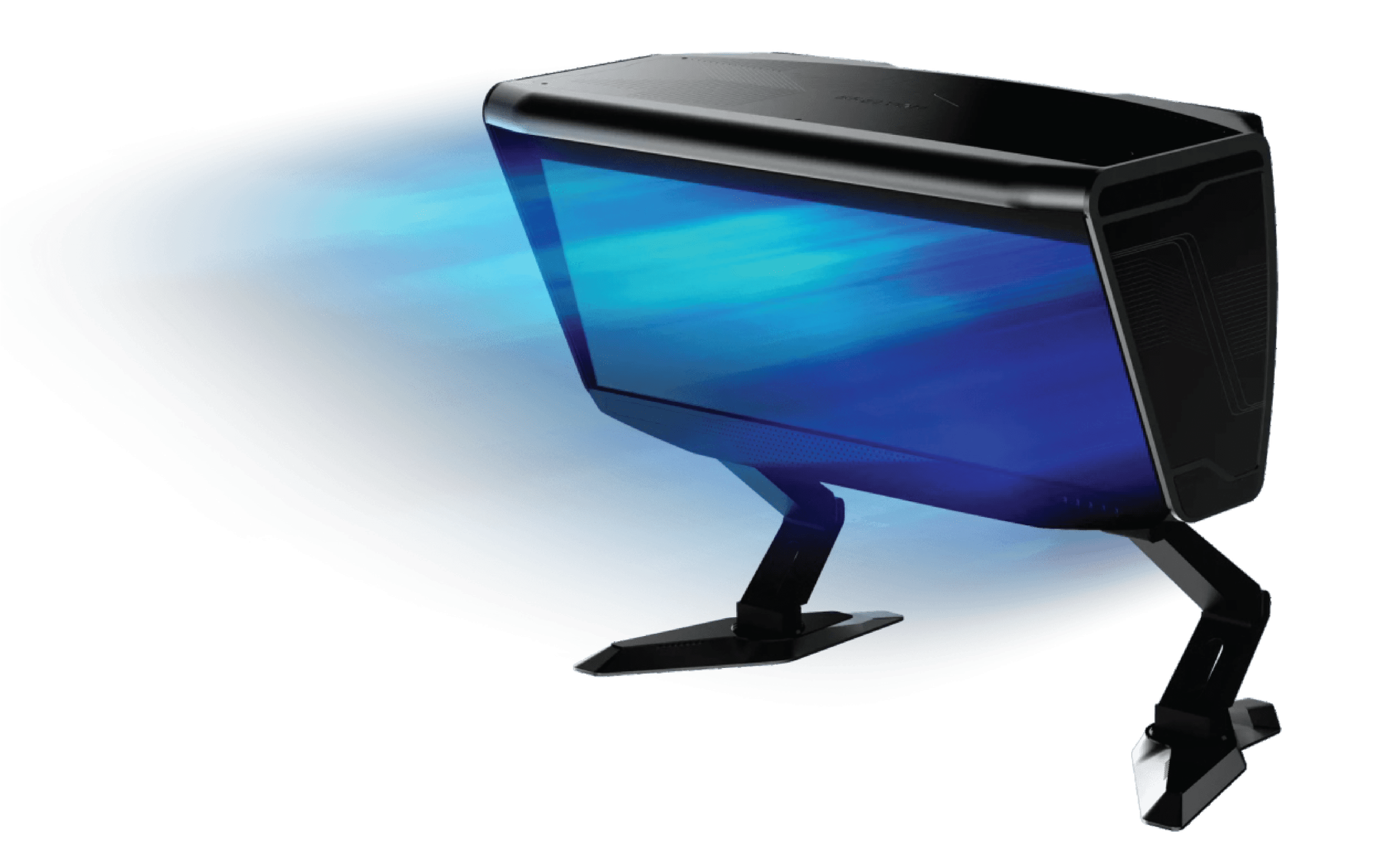 Side view of a curved computer monitor on a stand, with a blue gradient glow reflecting off its screen and frame.