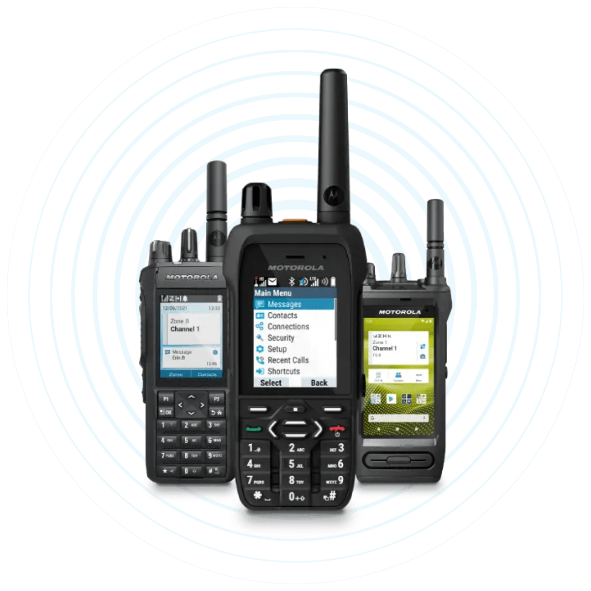 Three Motorola handheld radios (two-way walkie-talkies) standing side by side against a blue concentric-circle background, showing screens and keypads.