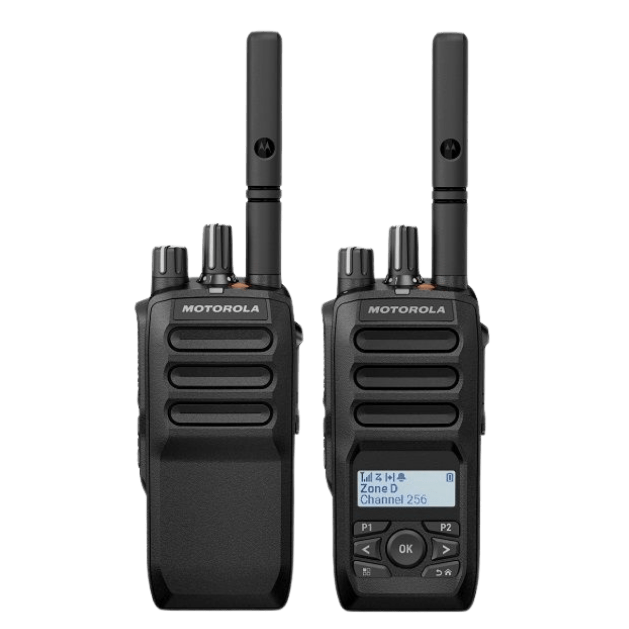 Two Motorola portable two-way radios with long antennas, side by side; the right unit shows a display and keypad.