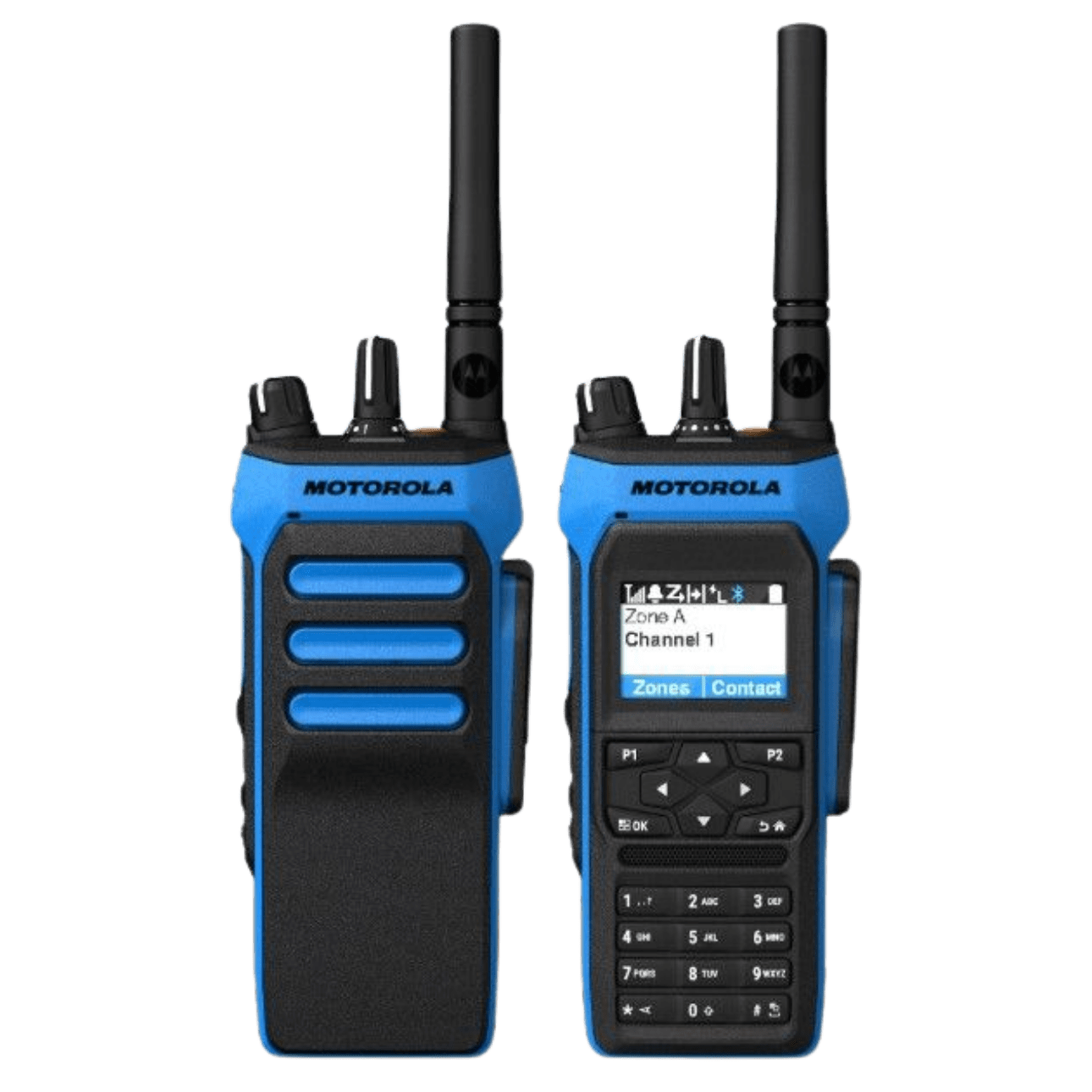 Pair of blue Motorola handheld two-way radios with antennas, shown from the front and back; one displays a keypad and screen.