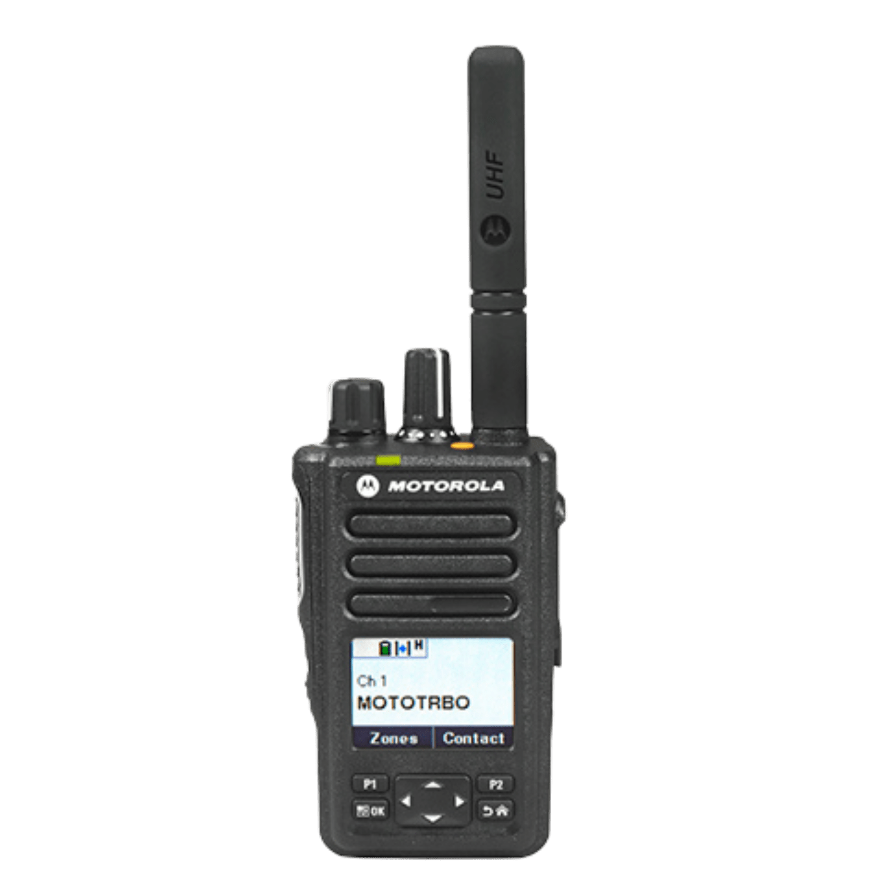 Motorola handheld two-way radio with antenna and small color display showing Channel MOTOTRBO and zones/contacts