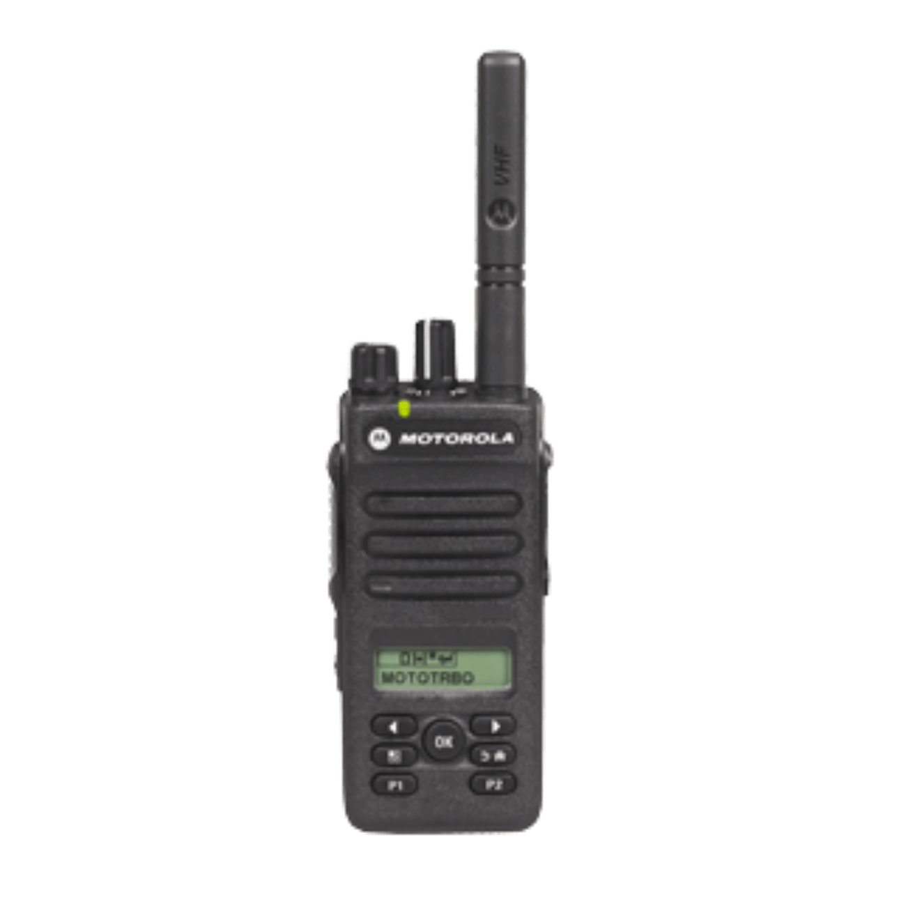 Motorola two-way radio with antenna, numeric keypad, and small display screen displaying 'MOTOTRBO' text