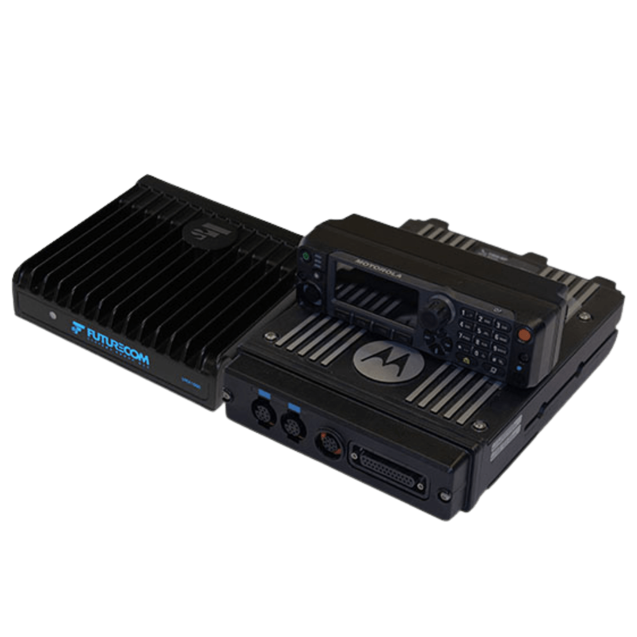 Rugged Motorola embedded computer with heat-sinked chassis and I/O modules in a compact stack of industrial hardware.