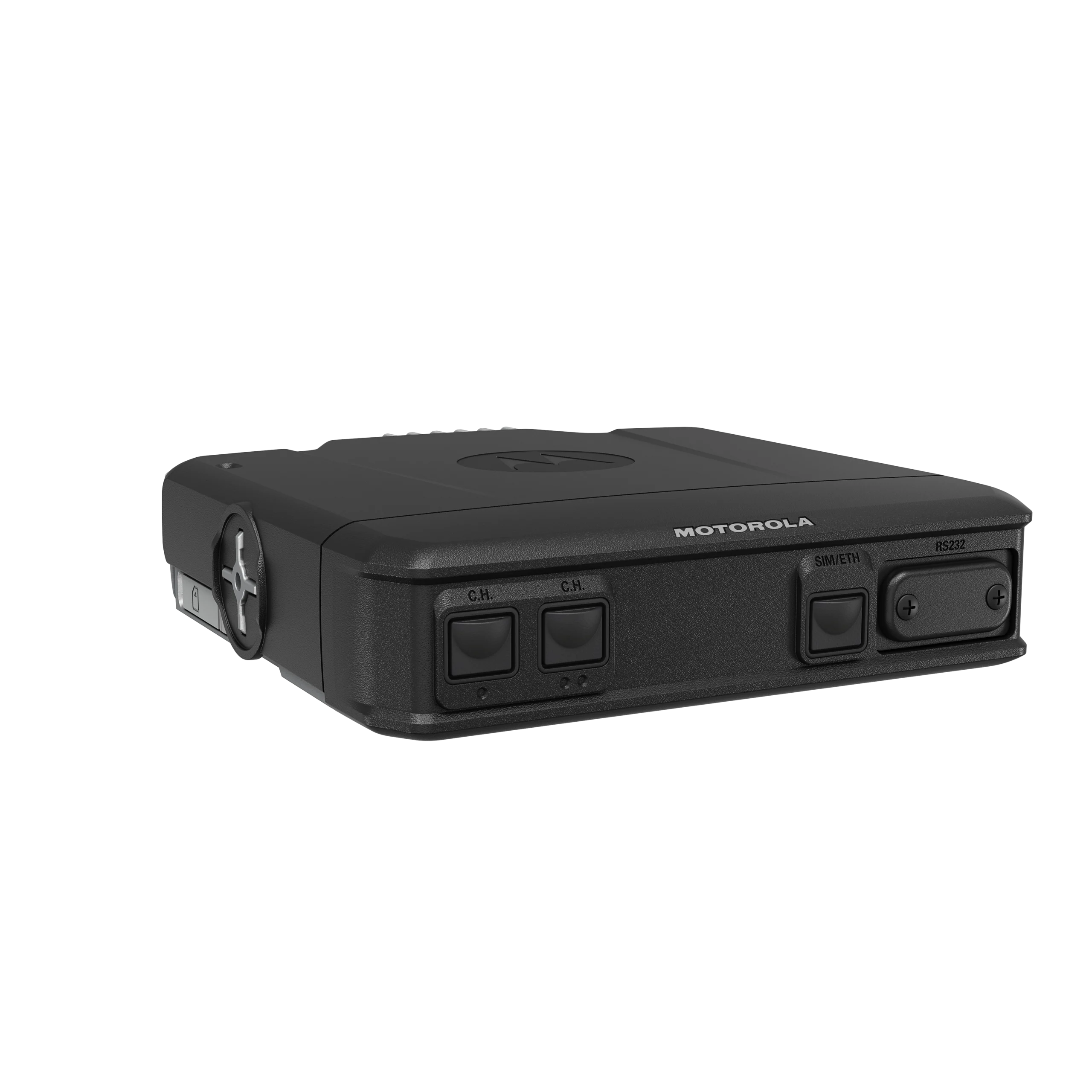 Close-up of a rugged Motorola base station front panel with multiple function buttons and ports