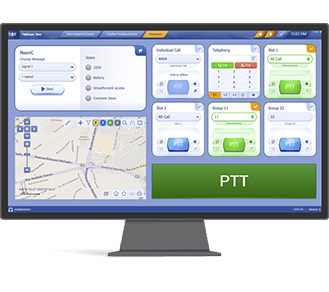 Desktop dispatch/communication software UI with multiple panels for calls, groups, a map, and a large green PTT button labeled PTT or Push-To-Talk. Readable, organized layout for quick access to controls.