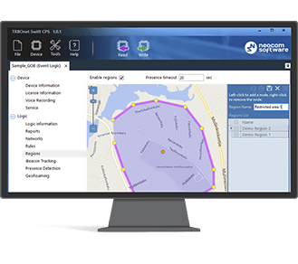 Monitor displaying a GPS tracking software UI with a map, a purple geofence circle, and a left-side menu of options.