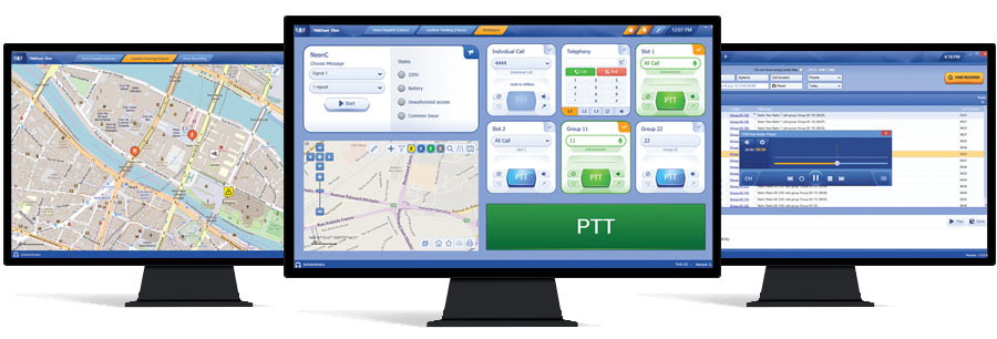 Three computer monitors showing a dispatch setup: left map with pins, center control panels with a large green PTT button, right data/UI panels.