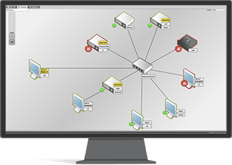 Network diagram on a monitor: central router/switch with multiple computers and devices connected, some with green, yellow, or red status icons.